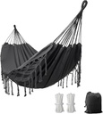 Double Boho Macrame Hammock with Elegant Tassels for Patio, Yard, Beach Wedding Decor, Outdoor and Indoor Up to 450lbs Include Tie Ropes and Drawstring Bag （Dark Grey）