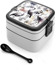 Black And White Crane Pattern Bento Box for Adults Double Layer Lunch Box with Spoon And Invisible Handle Microwave Dishwasher Safe Leak Proof Meal Prep Lunch Containers for Office Picnic