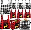 12 Pack Buffalo Plaid Christmas Reusable Grocery Tote Bags Bulk Shopping Heavy Duty Foldable Christmas Gift Bags with Handles Large Holiday Gifts
