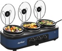Triple Slow Cooker, Large Buffet Food Warmer with 3 x 2.5 QT Removable Ceramic Pots, Buffet Servers and Warmers with Glass Lids and 3 Spoons, Stainless Steel, Blue