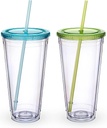 32oz Colorful Tumblers with Lid and Straws,Double Walled Clear Plastic Straw Cup,Reusable Insulated Cups Perfect for Parties,Birthdays,Weddings,Graduation -2 Pack