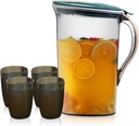 2.1 Liter/70.6 oz Plastic Water Pitcher with Lid - Iced Tea Pitcher for Fridge and 4 Cups, BPA Free, Shatterproof, Great for Iced Tea, Lemonade, Juice, Green