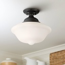 Regency Hill Schoolhouse Vintage Rustic Farmhouse Ceiling Light Semi Flush-Mount Fixture 13" Wide Gloss Black Flush White Glass Shade for Bedroom Kitchen Living Room Hallway Dining Bathroom