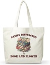 Women Book And Flower Canvas Tote Bag, Funny Gifts For Reading Lovers, Reusable Grocery Folding Shopping Tote, Aesthetic Shoulder Bag, Thanksgiving Christmas Gifts For Friends Colleagues -A11