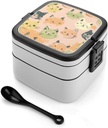 Doodle Cat Face Bento Box Adult Lunch Box All-in-One Lunch Containers with Removable Compartments Double Layer Bento Lunch Box with Spoon And Handle Stackable Lunchbox