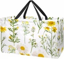 Reusable Grocery Bag Summer Yellow Herbs and Chamomile Flowers Large Stand Up Tote Shopping Bag with Reinforced Handles