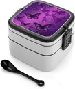 Adult Double-Layer Bento Box Purple Butterfly Portable Lunch Box with Spoon And Invisible Handle Leakproof Microwave-Safe Food Container for Work Travel Camping