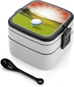 Golf Sport Bento Box Double-Layer Bento Lunch Container with Spoon And Invisible Handle Adult Leak-Proof Lunchbox for Dining Out Work Picnics Travel
