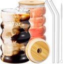 2 Pcs 20oz Drinking Glasses Set with Bamboo Lids and Straws, Cute Iced Coffee Glass Cups, Iced Coffee Tumblers, Thick Drinking Jars for Smoothie, Boba Milk Tea, Ideal for Gift, with Straw Brush