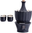 Ceramic Sake Set 7 Piece Black Glaze Wine Glasses Set with Candle Stove and Warmer Pot for Warm Cold Sake Service