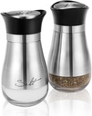 Flexzion Modern Salt and Pepper Shakers Set, Glass Canister Dispenser with Stainless Steel Sleeve and Black Lid for Spices, Sea/Kosher/Himalayan Salts and Pepper - Silver (Set of 2)