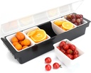 Food Grade Fruit Dispenser with Lid Rectangular Condiment Storage Box Removable Ice Cooled Food Serving Trays Container for Home Kitchen Bar Restaurant (5 Grids, 240ML /Grid)