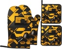 Mustard Yellow and Black Oven Mitts and Pot Holder 4-Piece Set,for Cooking Barbecue, Pot Lid, Microwave,Heat-Resisting