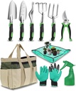 10Pcs Garden Tool Set, Heavy Duty Gardening Tools with Non-Slip Rubber Grip, Includes Shovel Trowel Fork Rake Gardening Gloves Organizer Handbag, Gifts for Women and Men